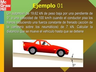 Ejemplo 01
Un automóvil de 19,62 kN de peso baja por una pendiente de
5° a una velocidad de 100 km/h cuando el conductor pisa los
frenos reduciendo una fuerza constante de frenado (acción de
la carretera sobre los neumáticos) de 7 kN. Calcular la
distancia que se mueve el vehículo hasta que se detiene
 