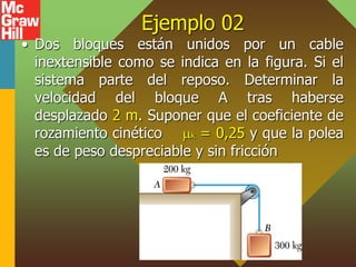 Ejemplo 02
• Dos bloques están unidos por un cable
inextensible como se indica en la figura. Si el
sistema parte del reposo. Determinar la
velocidad del bloque A tras haberse
desplazado 2 m. Suponer que el coeficiente de
rozamiento cinético k = 0,25 y que la polea
es de peso despreciable y sin fricción
 