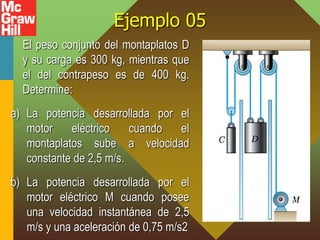 Ejemplo 05
El peso conjunto del montaplatos D
y su carga es 300 kg, mientras que
el del contrapeso es de 400 kg.
Determine:
a) La potencia desarrollada por el
motor eléctrico cuando el
montaplatos sube a velocidad
constante de 2,5 m/s.
b) La potencia desarrollada por el
motor eléctrico M cuando posee
una velocidad instantánea de 2,5
m/s y una aceleración de 0,75 m/s2
 