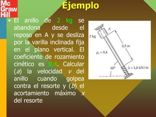 Ejemplo
• El anillo de 2 kg se
abandona desde el
reposo en A y se desliza
por la varilla inclinada fija
en el plano vertical. El
coeficiente de rozamiento
cinético es 0,4. Calcular
(a) la velocidad v del
anillo cuando golpea
contra el resorte y (b) el
acortamiento máximo x
del resorte
 