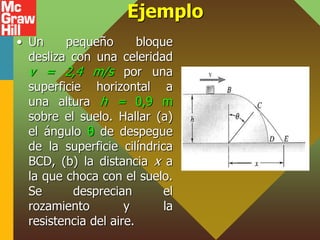 Ejemplo
• Un pequeño bloque
desliza con una celeridad
v = 2,4 m/s por una
superficie horizontal a
una altura h = 0,9 m
sobre el suelo. Hallar (a)
el ángulo θ de despegue
de la superficie cilíndrica
BCD, (b) la distancia x a
la que choca con el suelo.
Se desprecian el
rozamiento y la
resistencia del aire.
 
