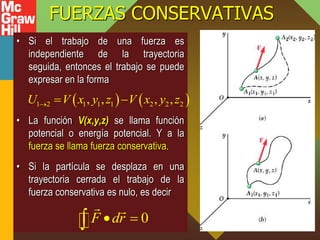 FUERZAS CONSERVATIVAS
• Si el trabajo de una fuerza es
independiente de la trayectoria
seguida, entonces el trabajo se puede
expresar en la forma
• La función V(x,y,z) se llama función
potencial o energía potencial. Y a la
fuerza se llama fuerza conservativa.
• Si la partícula se desplaza en una
trayectoria cerrada el trabajo de la
fuerza conservativa es nulo, es decir
   
1 2 1 1 1 2 2 2
, , , ,
U V x y z V x y z
  
0
F dr
 

 