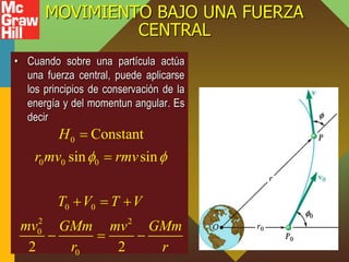 MOVIMIENTO BAJO UNA FUERZA
CENTRAL
• Cuando sobre una partícula actúa
una fuerza central, puede aplicarse
los principios de conservación de la
energía y del momentun angular. Es
decir
0
0 0 0
0 0
2 2
0
0
Constant
sin sin
2 2
H
r mv rmv
T V T V
mv GMm mv GMm
r r
 


  
  
 
