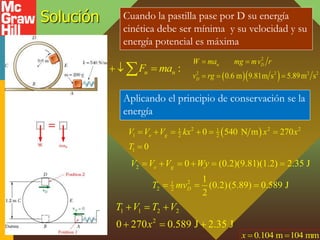 Solución
:
n n
F ma
  
   
2
2 2 2 2
0.6 m 9.81m s 5.89m s
n D
D
W ma mg mv r
v rg
 
  
 
2 2 2
1 1
1 2 2
1
0 540 N m 270
0
e g
V V V kx x x
T
     

2
2
1
2 2
0 (0.2)(9.81)(1.2) 2.35 J
1
(0.2)(5.89) 0.589 J
2
e g
D
V V V Wy
T mv
     
  
1 1 2 2
2
0 270 0.589 J 2.35 J
T V T V
x
  
  
0.104 m 104 mm
x  
Cuando la pastilla pase por D su energía
cinética debe ser mínima y su velocidad y su
energía potencial es máxima
Aplicando el principio de conservación se la
energía
 
