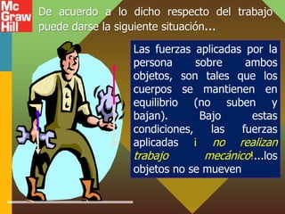 Las fuerzas aplicadas por la
persona sobre ambos
objetos, son tales que los
cuerpos se mantienen en
equilibrio (no suben y
bajan). Bajo estas
condiciones, las fuerzas
aplicadas ¡ no realizan
trabajo mecánico!...los
objetos no se mueven
De acuerdo a lo dicho respecto del trabajo
puede darse la siguiente situación...
 