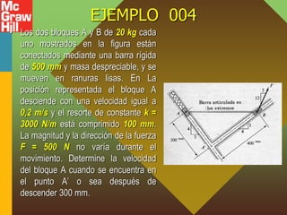 EJEMPLO 004
• Los dos bloques A y B de 20 kg cada
uno mostrados en la figura están
conectados mediante una barra rígida
de 500 mm y masa despreciable, y se
mueven en ranuras lisas. En La
posición representada el bloque A
desciende con una velocidad igual a
0,2 m/s y el resorte de constante k =
3000 N/m está comprimido 100 mm.
La magnitud y la dirección de la fuerza
F = 500 N no varía durante el
movimiento. Determine la velocidad
del bloque A cuando se encuentra en
el punto A’ o sea después de
descender 300 mm.
 