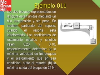 Ejemplo 011
• Los dos bloques representados en
la figura están unidos mediante un
hilo inextensible y sin peso. Se
sueltan, partiendo del reposo,
cuando el resorte está
indeformado. Los coeficientes de
rozamiento estático y cinético
valen 0,20 y 0,10,
respectivamente, determine: (a) la
máxima velocidad de los bloques
y el alargamiento que en esa
condición, sufre el resorte, (b) la
máxima caída del bloque de 25 N.
 