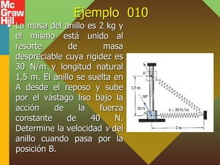 Ejemplo 010
• La masa del anillo es 2 kg y
el mismo está unido al
resorte de masa
despreciable cuya rigidez es
30 N/m y longitud natural
1,5 m. El anillo se suelta en
A desde el reposo y sube
por el vástago liso bajo la
acción de la fuerza
constante de 40 N.
Determine la velocidad v del
anillo cuando pasa por la
posición B.
 