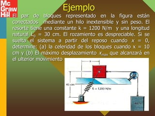 Ejemplo
• El par de bloques representado en la figura están
conectados mediante un hilo inextensible y sin peso. El
resorte tiene una constante k = 1200 N/m y una longitud
natural L0 = 30 cm. El rozamiento es despreciable. Si se
suelta el sistema a partir del reposo cuando x = 0,
determine: (a) la celeridad de los bloques cuando x = 10
cm y (b) El máximo desplazamiento xmax que alcanzará en
el ulterior movimiento
 