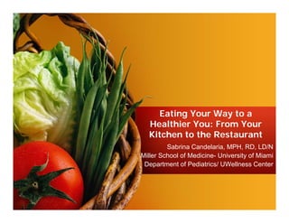 Eating Your Way to a
  Healthier You: From Your
  Kitchen to the Restaurant
         Sabrina Candelaria, MPH, RD, LD/N
Miller School f Medicine- U i
Mill S h l of M di i      University of Mi i
                                 it f Miami
 Department of Pediatrics/ UWellness Center
 