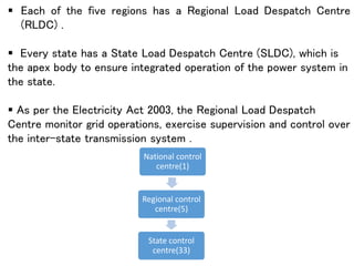 National control
centre(1)
Regional control
centre(5)
State control
centre(33)
 Each of the five regions has a Regional Load Despatch Centre
(RLDC) .
 Every state has a State Load Despatch Centre (SLDC), which is
the apex body to ensure integrated operation of the power system in
the state.
 As per the Electricity Act 2003, the Regional Load Despatch
Centre monitor grid operations, exercise supervision and control over
the inter-state transmission system .
 