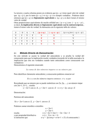 La tercera y cuarta columna ponen en evidencia que (p ∧ q ) tiene igual valor de verdad
que (q ∧ p ), por lo tanto (p ∧ q ) ⇔ (q ∧ p ) es siempre verdadera . Podemos decir
entonces que (p ∧ q ) es lógicamente equivalente a (q ∧ p ), es decir tienen el mismo
valor de verdad.
Otras proposiciones equivalentes de mucha utilidad son ( p ⇒ q ) con ( ~ q ⇒ ~ p ) ,
es decir, la implicación directa es lógicamente equivalente con la contrarrecíproca.,
tienen el mimo valor de verdad. Se demuestra con la siguiente tabla de valores:
p ~ p q ~ q ( p ⇒⇒⇒⇒ q ) ( ~ q ⇒⇒⇒⇒ ~ p ) ( p ⇒ q )⇔ ( ~ q ⇒ ~ p )
V F V F V V V
V F F V F F V
F V V F V V V
F V F V V V V
Método Directo de Demostración
En este método se asume la verdad del antecedente y se prueba la verdad del
consecuente para que la implicación resulte verdadera (recuerde de la tabla asociada a la
implicación que esta era verdadera cuando tanto antecedente como consecuente son
verdaderos)
Demostremos el siguiente enunciado
La suma de dos números impares es un número par.
Para identificar claramente antecedente y consecuente podemos enunciar así
Si x e y son dos números impares entonces x+y es par
Recordando que un número par se puede simbolizar con 2n, 2p,…, y un número impar
con 2m+1, 2s+1,…resulta:
x = 2n+1 con n є Z, y = 2m+1 con m є Z ⇒ x+y = 2p con p є Z
Demostración:
Partimos del antecedente
Si x = 2n+1 con n є Z, y = 2m+1 con m є Z
Podemos sumar miembro a miembro
x = 2n+1
y = 2m+1
resulta x+y = 2n+1+2m+1 = 2n + 2m + 2
y por propiedad distributiva x+y = 2( n +m + 1)
se demuestra que x+y = 2p con p = n+m+1 є Z ( el consecuente )
 