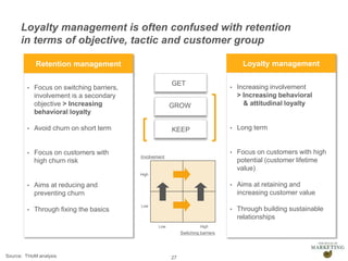 Presentation1
Loyalty management is often confused with retention
in terms of objective, tactic and customer group
27
Loyalty management
• Increasing involvement
> Increasing behavioral
& attitudinal loyalty
• Long term
• Focus on customers with high
potential (customer lifetime
value)
• Aims at retaining and
increasing customer value
• Through building sustainable
relationships
Retention management
• Focus on switching barriers,
involvement is a secondary
objective > Increasing
behavioral loyalty
• Avoid churn on short term
• Focus on customers with
high churn risk
• Aims at reducing and
preventing churn
• Through fixing the basics
KEEP
GROW
GET
High
Low
Low High
Involvement
Switching barriers
Source: THoM analysis
 