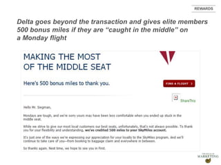 Presentation1
Delta goes beyond the transaction and gives elite members
500 bonus miles if they are “caught in the middle” on
a Monday flight
REWARDS
 
