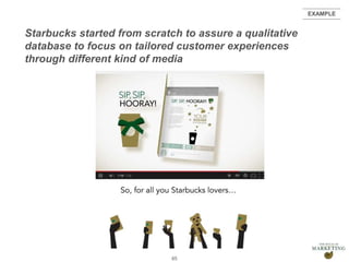 Presentation1
Starbucks started from scratch to assure a qualitative
database to focus on tailored customer experiences
through different kind of media
65
EXAMPLE
 