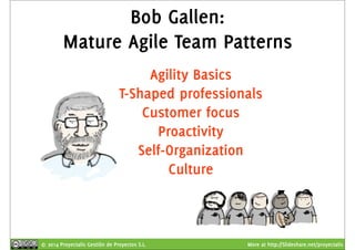 Bob Gallen: 
Mature Agile Team Patterns 
Agility Basics 
T-Shaped professionals 
Customer focus 
Proactivity 
Self-Organization 
Culture 
© 2014 Proyectalis Gestión de Proyectos S.L. More at http://Slideshare.net/proyectalis 
 