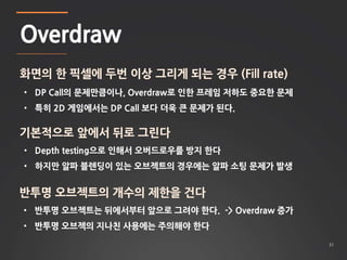 31 
Overdraw 
화면의 한 픽셀에 두번 이상 그리게 되는 경우 (Fill rate) 
• DP Call의 문제만큼이나, Overdraw로 인한 프레임 저하도 중요한 문제 
• 특히 2D 게임에서는 DP Call 보다 더욱 큰 문제가 된다. 
기본적으로 앞에서 뒤로 그린다 
• Depth testing으로 인해서 오버드로우를 방지 한다 
• 하지만 알파 블렌딩이 있는 오브젝트의 경우에는 알파 소팅 문제가 발생 
반투명 오브젝트의 개수의 제한을 건다 
• 반투명 오브젝트는 뒤에서부터 앞으로 그려야 한다. -> Overdraw 증가 
• 반투명 오브젝의 지나친 사용에는 주의해야 한다 
 