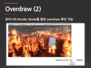 32 
Overdraw (2) 
유티니의 Render Mode를 통한 overdraw 확인 가능 
 
