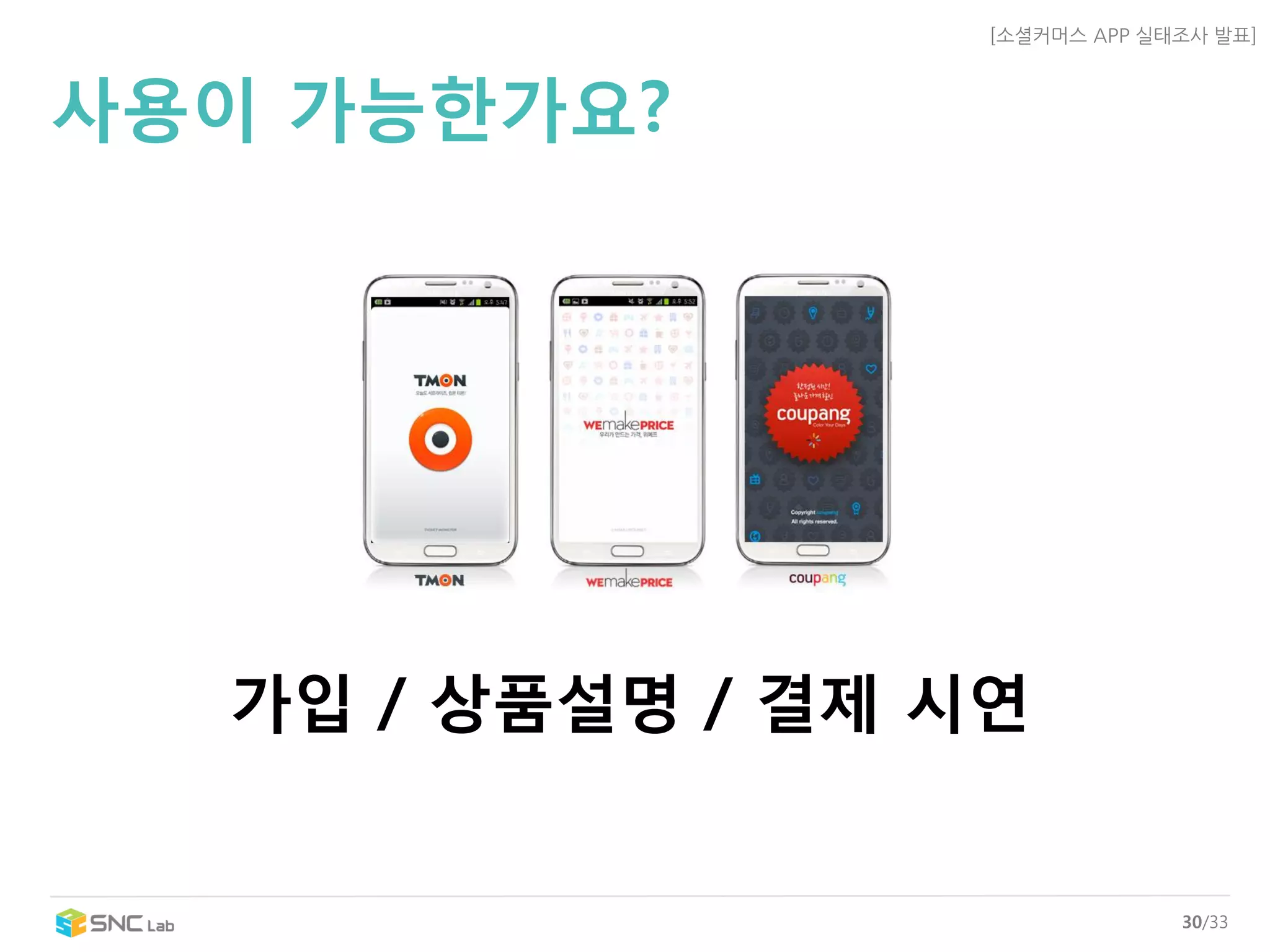 [소셜커머스APP 실태조사발표] 
30/33 
사용이가능한가요? 
가입/ 상품설명/ 결제시연  