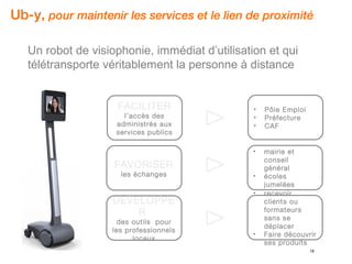 18
Ub-y, pour maintenir les services et le lien de proximité
FACILITER
l’accès des
administrés aux
services publics
FAVORISER
les échanges
DEVELOPPE
R
des outils pour
les professionnels
locaux
• Pôle Emploi
• Préfecture
• CAF
• mairie et
conseil
général
• écoles
jumelées
• recevoir
clients ou
formateurs
sans se
déplacer
• Faire découvrir
ses produits
Un robot de visiophonie, immédiat d’utilisation et qui
télétransporte véritablement la personne à distance
 
