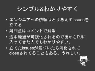 シンプル&わかりやすく 
• エンジニアへの依頼はとりあえずissuesを 
立てる 
• 疑問点はコメントで解消 
• 途中経過が可視化されるので後からPJに 
入ってきた人でもわかりやすい。 
• 立てたissuesが気づいたら消化されて 
closeされてることもある。うれしい。 
 