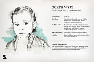 Eltern:
340K>
SCHAUSPIELERINMUSIKER
Fashion Ausblick 2015:
Sie wird nicht nur ab dem 20. März mit dem zweiten Teil der „Diver-
gent“-Reihe im Kino zu sehen sein, sondern spielt auch an der Seite
von Charlize Theron in „Mad Max: Fury Road“. Außerdem wird sie
uns mit ihrem Rockstar-Style auch als Sängerin der Band LOLAWOLF
(eröffneten schon Miley Cyrus‘ Tour 2014) beeindrucken.
Geburtstag 01.12.1988
Karriere Schauspielerin („Die Bestimmung - Divergent”),
Musikerin („LOLAWOLF“)
Fashion Jobs Hat eine eigene Schmucklinie bei Swarovski,
modelte für Alexander Wang, war das Gesicht
der Werbekampagne für Vera Wangs Parfum
„Princess”
Markenzeichen Trägt, wie ihr Vater, einen Nasenring
Insider War u.a. schon mit Michael Fassbender (37)
und Noah Becker (20) zusammen
Lenny Kravitz & Lisa Bonet
ZOË KRAVITZ
 