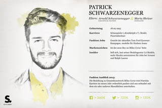 Eltern:
211K>134K>453K>
Fashion Ausblick 2015:
Die Beziehung zu Gesamtkunstwerk Miley Cyrus wird Patricks
Karriere im neuen Jahr ordentlich pushen und uns nebenbei mit
dem ein oder anderen Skandälchen unterhalten.
Geburtstag 04.10.1989
Karriere Schauspieler („Kindsköpfe 2”), Model,
Pizzeriabesitzer
Fashion Jobs Gesicht der aktuellen Tom Ford Eyewear-
Kampagne, modelte für Hudson Jeans
Markenzeichen Ist der neue Boy an Miley Cyrus’ Seite
Insider Soll sich, laut seiner Modelagentur LA Models,
mehr Muckis antrainieren für Jobs bei Armani
und Ralph Lauren
SCHAUSPIELER, POLITIKER JOURNALISTIN
Arnold Schwarzenegger & Maria Shriver
PATRICK
SCHWARZENEGGER
 