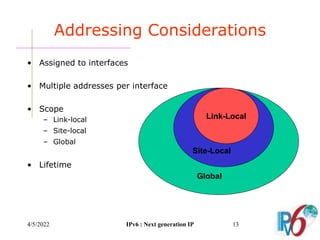 4/5/2022 IPv6 : Next generation IP 13
Addressing Considerations
• Assigned to interfaces
• Multiple addresses per interface
• Scope
– Link-local
– Site-local
– Global
• Lifetime
Link-Local
Site-Local
Global
 