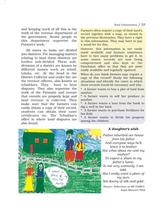 and keeping track of all this is the
work of the revenue department of
the government. Senior people in
this department supervise the
Patwari's work.
All states in India are divided
into districts. For managing matters
relating to land these districts are
further sub-divided. These sub-
divisions of a district are known by
different names such as tehsil,
taluka, etc. At the head is the
District Collector and under her are
the revenue officers, also known as
tehsildars. They have to hear
disputes. They also supervise the
work of the Patwaris and ensure
that records are properly kept and
land revenue is collected. They
make sure that the farmers can
easily obtain a copy of their record,
students can obtain their caste
certificates etc. The Tehsildar's
office is where land disputes are
also heard.
A daughter's wish
Father inherited our house
from his father
And everyone says he'll
leave it to brother
But what about me and my
mother?
To expect a share in my
father's home,
Is not very womanly, I am
told.
But I really want a place of
my own,
Not dowry of silk and gold.
(Source: Reflections on MY FAMILY,
Anjali Monteiro,TISS)
Farmers often require a copy of their land's
record together with a map, as shown in
the previous illustration. They have a right
to this information. They may have to pay
a small fee for this.
However, this information is not easily
made available and farmers sometimes
have to face many problems to get it. In
some states, records are now being
computerised and also kept at the
Panchayat office so that they are more
easily available and regularly updated.
When do you think farmers may require a
copy of this record? Study the following
situations and identify the cases in which
these records would be necessary and why.
* A farmer wants to buy a plot of land from
another.
* A farmer wants to sell her produce to
another.
* A farmer wants a loan from the bank to
dig a well in her land.
* A farmer wants to purchase fertilizers for
his field.
* A farmer wants to divide his property
among his children.
Rural Administration / 53
 