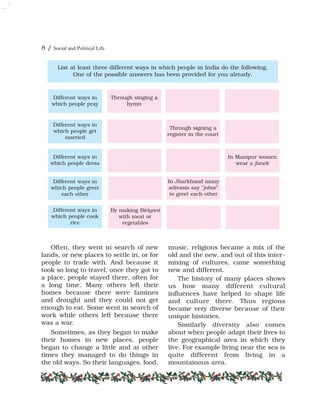 8 / Social and Political Life
Through singing a
hymn
Through signing a
register in the court
In Manipur women
wear a fanek
Different ways in
which people greet
each other
Different ways in
which people dress
Different ways in
which people get
married
Different ways in
which people pray
List at least three different ways in which people in India do the following.
One of the possible answers has been provided for you already.
Different ways in
which people cook
rice
By making Biriyani
with meat or
vegetables
In Jharkhand many
adivasis say "johar"
to greet each other
Often, they went in search of new
lands, or new places to settle in, or for
people to trade with. And because it
took so long to travel, once they got to
a place, people stayed there, often for
a long time. Many others left their
homes because there were famines
and drought and they could not get
enough to eat. Some went in search of
work while others left because there
was a war.
Sometimes, as they began to make
their homes in new places, people
began to change a little and at other
times they managed to do things in
the old ways. So their languages, food,
music, religions became a mix of the
old and the new, and out of this inter-
mixing of cultures, came something
new and different.
The history of many places shows
us how many different cultural
influences have helped to shape life
and culture there. Thus regions
became very diverse because of their
unique histories.
Similarly diversity also comes
about when people adapt their lives to
the geographical area in which they
live. For example living near the sea is
quite different from living in a
mountainous area.
 