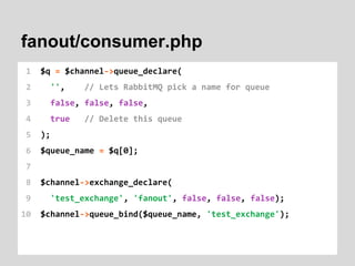 fanout/consumer.php
1 $q = $channel->queue_declare(
2 '', // Lets RabbitMQ pick a name for queue
3 false, false, false,
4 ...
