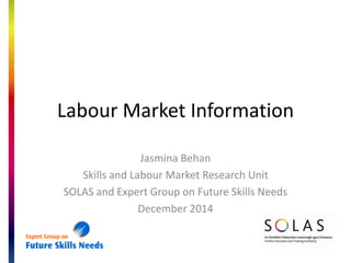 Labour Market Information
Jasmina Behan
Skills and Labour Market Research Unit
SOLAS and Expert Group on Future Skills Needs
December 2014
 