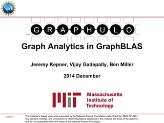 Graphulo- 1
Graph Analytics in GraphBLAS
Jeremy Kepner, Vijay Gadepally, Ben Miller
2014 December
This material is based upon work supported by the National Science Foundation under Grant No. DMS-1312831.
Any opinions, findings, and conclusions or recommendations expressed in this material are those of the author(s)
and do not necessarily reflect the views of the National Science Foundation.
G R A P H U L O
 