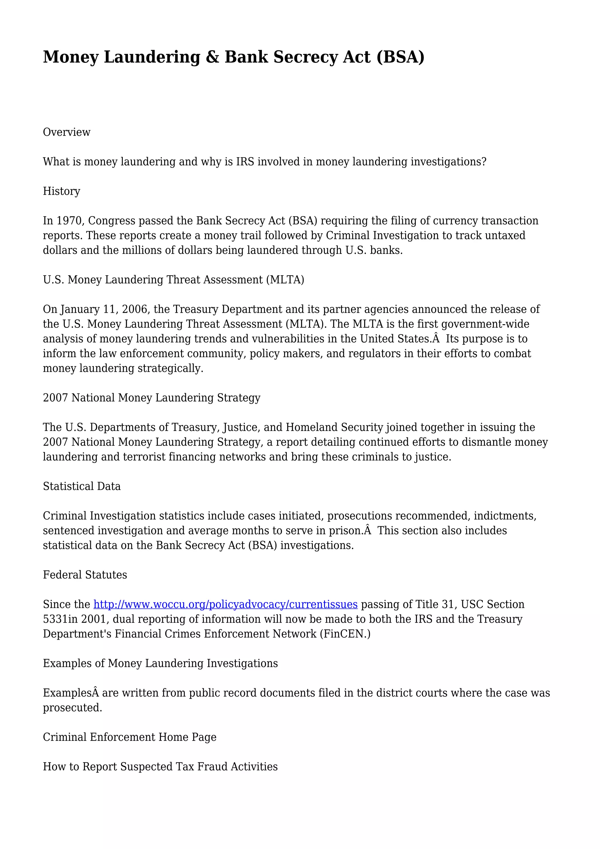 Money Laundering & Bank Secrecy Act (BSA) | PDF