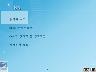 목차목차
 공격과 수비
 CISO 의무지정제
 CxO 가 알아야 할 정보보안
 미래부의 역할
3
 