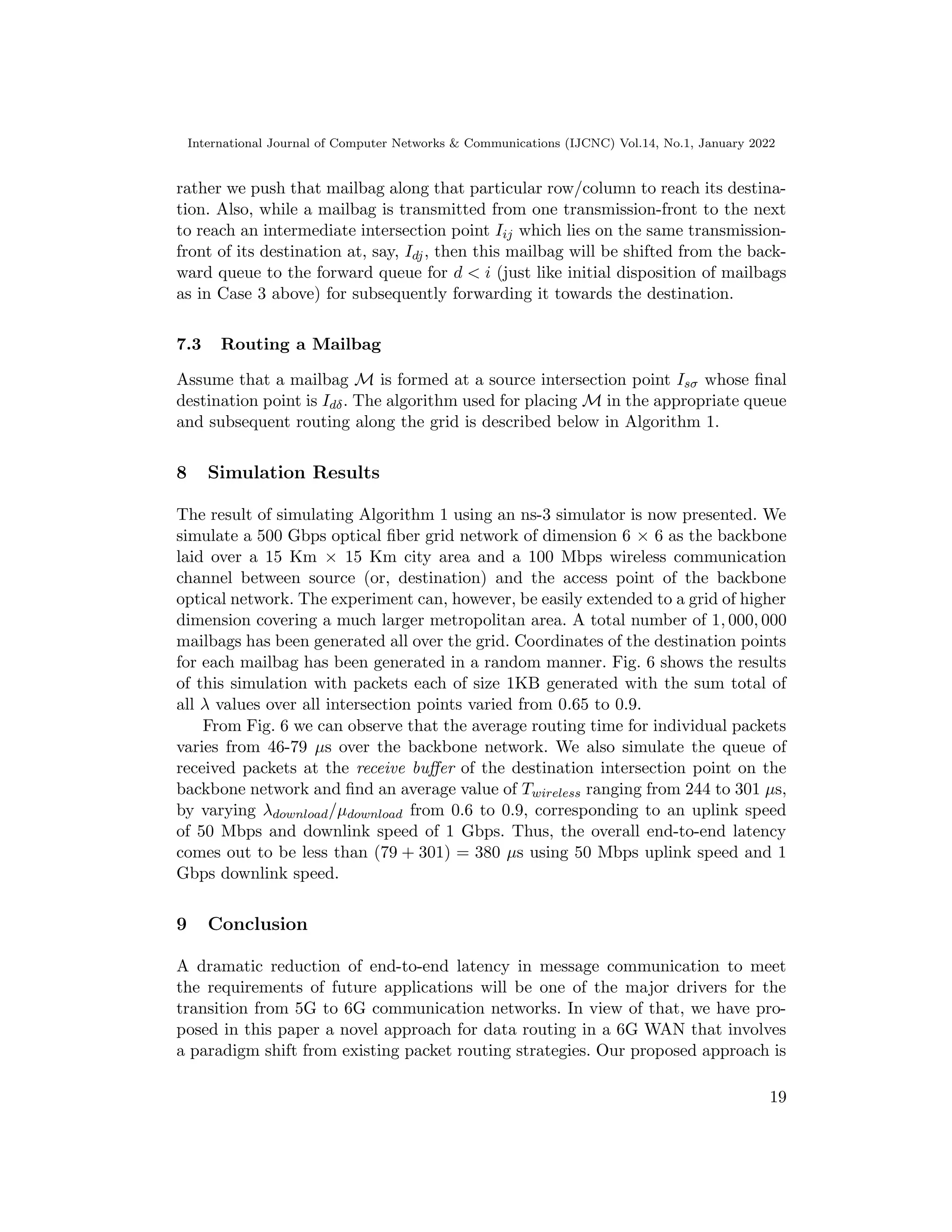 International Journal of Computer Networks  Communications (IJCNC) Vol.14, No.1, January 2022
rather we push that mailbag along that particular row/column to reach its destina-
tion. Also, while a mailbag is transmitted from one transmission-front to the next
to reach an intermediate intersection point Iij which lies on the same transmission-
front of its destination at, say, Idj, then this mailbag will be shifted from the back-
ward queue to the forward queue for d  i (just like initial disposition of mailbags
as in Case 3 above) for subsequently forwarding it towards the destination.
7.3 Routing a Mailbag
Assume that a mailbag M is formed at a source intersection point Isσ whose final
destination point is Idδ. The algorithm used for placing M in the appropriate queue
and subsequent routing along the grid is described below in Algorithm 1.
8 Simulation Results
The result of simulating Algorithm 1 using an ns-3 simulator is now presented. We
simulate a 500 Gbps optical fiber grid network of dimension 6 × 6 as the backbone
laid over a 15 Km × 15 Km city area and a 100 Mbps wireless communication
channel between source (or, destination) and the access point of the backbone
optical network. The experiment can, however, be easily extended to a grid of higher
dimension covering a much larger metropolitan area. A total number of 1, 000, 000
mailbags has been generated all over the grid. Coordinates of the destination points
for each mailbag has been generated in a random manner. Fig. 6 shows the results
of this simulation with packets each of size 1KB generated with the sum total of
all λ values over all intersection points varied from 0.65 to 0.9.
From Fig. 6 we can observe that the average routing time for individual packets
varies from 46-79 µs over the backbone network. We also simulate the queue of
received packets at the receive buffer of the destination intersection point on the
backbone network and find an average value of Twireless ranging from 244 to 301 µs,
by varying λdownload/µdownload from 0.6 to 0.9, corresponding to an uplink speed
of 50 Mbps and downlink speed of 1 Gbps. Thus, the overall end-to-end latency
comes out to be less than (79 + 301) = 380 µs using 50 Mbps uplink speed and 1
Gbps downlink speed.
9 Conclusion
A dramatic reduction of end-to-end latency in message communication to meet
the requirements of future applications will be one of the major drivers for the
transition from 5G to 6G communication networks. In view of that, we have pro-
posed in this paper a novel approach for data routing in a 6G WAN that involves
a paradigm shift from existing packet routing strategies. Our proposed approach is
19
 
