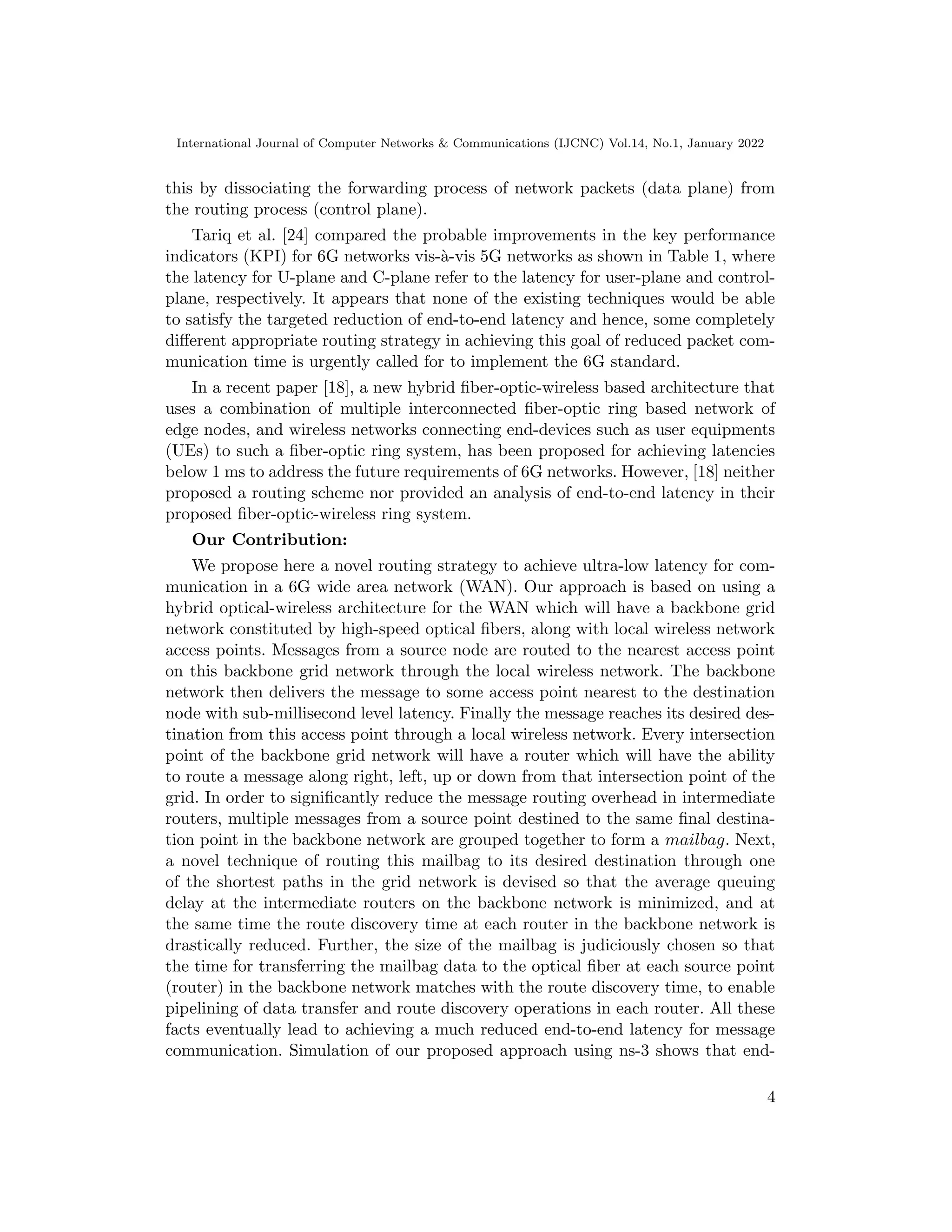 International Journal of Computer Networks & Communications (IJCNC) Vol.14, No.1, January 2022
this by dissociating the forwarding process of network packets (data plane) from
the routing process (control plane).
Tariq et al. [24] compared the probable improvements in the key performance
indicators (KPI) for 6G networks vis-à-vis 5G networks as shown in Table 1, where
the latency for U-plane and C-plane refer to the latency for user-plane and control-
plane, respectively. It appears that none of the existing techniques would be able
to satisfy the targeted reduction of end-to-end latency and hence, some completely
different appropriate routing strategy in achieving this goal of reduced packet com-
munication time is urgently called for to implement the 6G standard.
In a recent paper [18], a new hybrid fiber-optic-wireless based architecture that
uses a combination of multiple interconnected fiber-optic ring based network of
edge nodes, and wireless networks connecting end-devices such as user equipments
(UEs) to such a fiber-optic ring system, has been proposed for achieving latencies
below 1 ms to address the future requirements of 6G networks. However, [18] neither
proposed a routing scheme nor provided an analysis of end-to-end latency in their
proposed fiber-optic-wireless ring system.
Our Contribution:
We propose here a novel routing strategy to achieve ultra-low latency for com-
munication in a 6G wide area network (WAN). Our approach is based on using a
hybrid optical-wireless architecture for the WAN which will have a backbone grid
network constituted by high-speed optical fibers, along with local wireless network
access points. Messages from a source node are routed to the nearest access point
on this backbone grid network through the local wireless network. The backbone
network then delivers the message to some access point nearest to the destination
node with sub-millisecond level latency. Finally the message reaches its desired des-
tination from this access point through a local wireless network. Every intersection
point of the backbone grid network will have a router which will have the ability
to route a message along right, left, up or down from that intersection point of the
grid. In order to significantly reduce the message routing overhead in intermediate
routers, multiple messages from a source point destined to the same final destina-
tion point in the backbone network are grouped together to form a mailbag. Next,
a novel technique of routing this mailbag to its desired destination through one
of the shortest paths in the grid network is devised so that the average queuing
delay at the intermediate routers on the backbone network is minimized, and at
the same time the route discovery time at each router in the backbone network is
drastically reduced. Further, the size of the mailbag is judiciously chosen so that
the time for transferring the mailbag data to the optical fiber at each source point
(router) in the backbone network matches with the route discovery time, to enable
pipelining of data transfer and route discovery operations in each router. All these
facts eventually lead to achieving a much reduced end-to-end latency for message
communication. Simulation of our proposed approach using ns-3 shows that end-
4
 