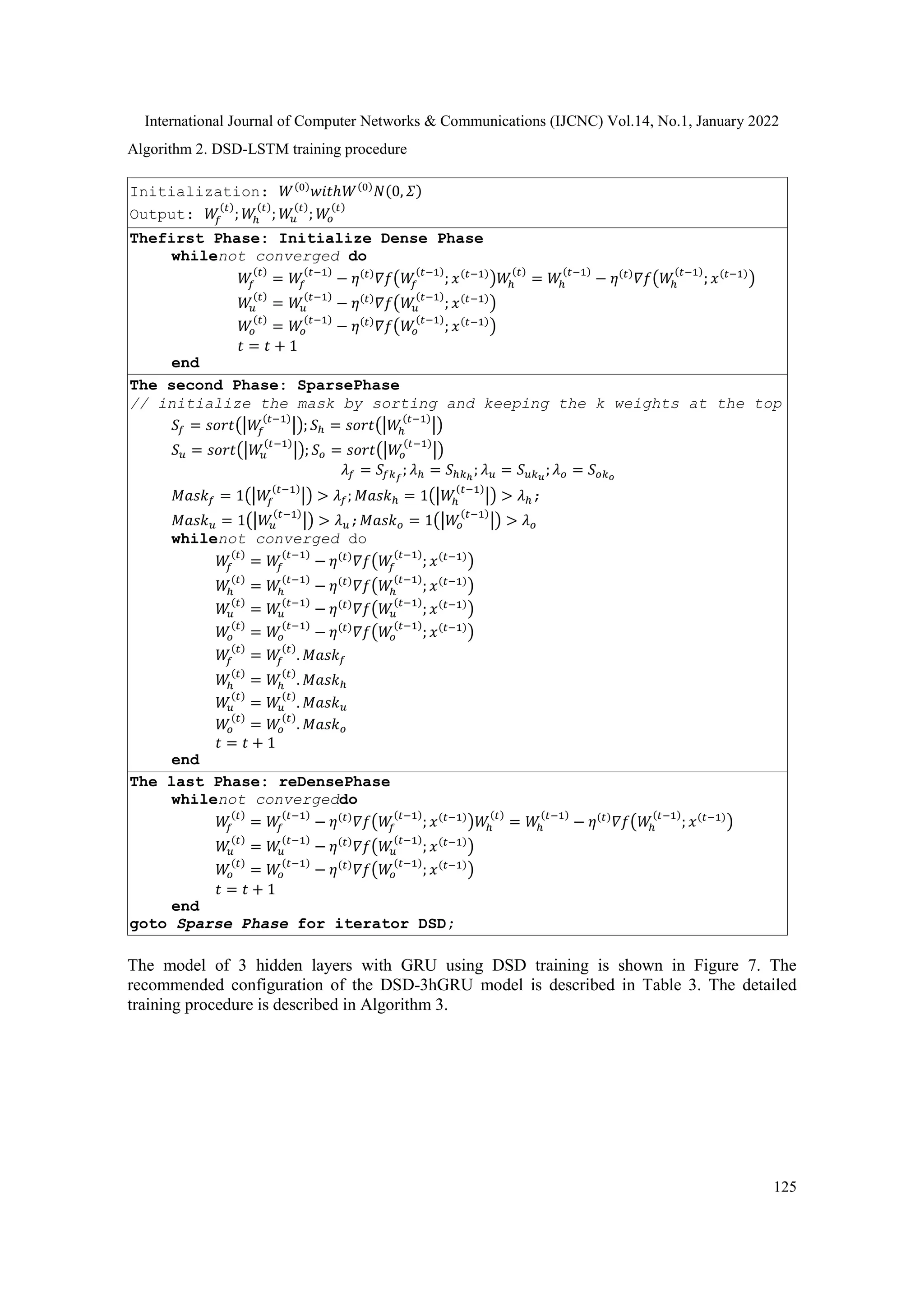 International Journal of Computer Networks & Communications (IJCNC) Vol.14, No.1, January 2022
125
Algorithm 2. DSD-LSTM training procedure
Initialization: 𝑊(0)
𝑤𝑖𝑡ℎ𝑊(0)
𝑁(0, 𝛴)
Output: 𝑊
𝑓
(𝑡)
; 𝑊
ℎ
(𝑡)
; 𝑊
𝑢
(𝑡)
; 𝑊
𝑜
(𝑡)
Thefirst Phase: Initialize Dense Phase
whilenot converged do
𝑊
𝑓
(𝑡)
= 𝑊
𝑓
(𝑡−1)
− 𝜂(𝑡)
𝛻𝑓(𝑊
𝑓
(𝑡−1)
; 𝑥(𝑡−1)
)𝑊
ℎ
(𝑡)
= 𝑊
ℎ
(𝑡−1)
− 𝜂(𝑡)
𝛻𝑓(𝑊
ℎ
(𝑡−1)
; 𝑥(𝑡−1)
)
𝑊
𝑢
(𝑡)
= 𝑊
𝑢
(𝑡−1)
− 𝜂(𝑡)
𝛻𝑓(𝑊
𝑢
(𝑡−1)
; 𝑥(𝑡−1)
)
𝑊
𝑜
(𝑡)
= 𝑊
𝑜
(𝑡−1)
− 𝜂(𝑡)
𝛻𝑓(𝑊
𝑜
(𝑡−1)
; 𝑥(𝑡−1)
)
𝑡 = 𝑡 + 1
end
The second Phase: SparsePhase
// initialize the mask by sorting and keeping the k weights at the top
𝑆𝑓 = 𝑠𝑜𝑟𝑡(|𝑊
𝑓
(𝑡−1)
|); 𝑆ℎ = 𝑠𝑜𝑟𝑡(|𝑊
ℎ
(𝑡−1)
|)
𝑆𝑢 = 𝑠𝑜𝑟𝑡(|𝑊
𝑢
(𝑡−1)
|); 𝑆𝑜 = 𝑠𝑜𝑟𝑡(|𝑊
𝑜
(𝑡−1)
|)
𝜆𝑓 = 𝑆𝑓𝑘𝑓
; 𝜆ℎ = 𝑆ℎ𝑘ℎ
; 𝜆𝑢 = 𝑆𝑢𝑘𝑢
; 𝜆𝑜 = 𝑆𝑜𝑘𝑜
𝑀𝑎𝑠𝑘𝑓 = 1(|𝑊
𝑓
(𝑡−1)
|) > 𝜆𝑓; 𝑀𝑎𝑠𝑘ℎ = 1(|𝑊
ℎ
(𝑡−1)
|) > 𝜆ℎ;
𝑀𝑎𝑠𝑘𝑢 = 1(|𝑊
𝑢
(𝑡−1)
|) > 𝜆𝑢;𝑀𝑎𝑠𝑘𝑜 = 1(|𝑊
𝑜
(𝑡−1)
|) > 𝜆𝑜
whilenot converged do
𝑊
𝑓
(𝑡)
= 𝑊
𝑓
(𝑡−1)
− 𝜂(𝑡)
𝛻𝑓(𝑊
𝑓
(𝑡−1)
; 𝑥(𝑡−1)
)
𝑊
ℎ
(𝑡)
= 𝑊
ℎ
(𝑡−1)
− 𝜂(𝑡)
𝛻𝑓(𝑊
ℎ
(𝑡−1)
; 𝑥(𝑡−1)
)
𝑊
𝑢
(𝑡)
= 𝑊
𝑢
(𝑡−1)
− 𝜂(𝑡)
𝛻𝑓(𝑊
𝑢
(𝑡−1)
; 𝑥(𝑡−1)
)
𝑊
𝑜
(𝑡)
= 𝑊
𝑜
(𝑡−1)
− 𝜂(𝑡)
𝛻𝑓(𝑊
𝑜
(𝑡−1)
; 𝑥(𝑡−1)
)
𝑊
𝑓
(𝑡)
= 𝑊
𝑓
(𝑡)
. 𝑀𝑎𝑠𝑘𝑓
𝑊
ℎ
(𝑡)
= 𝑊
ℎ
(𝑡)
. 𝑀𝑎𝑠𝑘ℎ
𝑊
𝑢
(𝑡)
= 𝑊
𝑢
(𝑡)
. 𝑀𝑎𝑠𝑘𝑢
𝑊
𝑜
(𝑡)
= 𝑊
𝑜
(𝑡)
. 𝑀𝑎𝑠𝑘𝑜
𝑡 = 𝑡 + 1
end
The last Phase: reDensePhase
whilenot convergeddo
𝑊
𝑓
(𝑡)
= 𝑊
𝑓
(𝑡−1)
− 𝜂(𝑡)
𝛻𝑓(𝑊
𝑓
(𝑡−1)
; 𝑥(𝑡−1)
)𝑊
ℎ
(𝑡)
= 𝑊
ℎ
(𝑡−1)
− 𝜂(𝑡)
𝛻𝑓(𝑊
ℎ
(𝑡−1)
; 𝑥(𝑡−1)
)
𝑊
𝑢
(𝑡)
= 𝑊
𝑢
(𝑡−1)
− 𝜂(𝑡)
𝛻𝑓(𝑊
𝑢
(𝑡−1)
; 𝑥(𝑡−1)
)
𝑊
𝑜
(𝑡)
= 𝑊
𝑜
(𝑡−1)
− 𝜂(𝑡)
𝛻𝑓(𝑊
𝑜
(𝑡−1)
; 𝑥(𝑡−1)
)
𝑡 = 𝑡 + 1
end
goto Sparse Phase for iterator DSD;
The model of 3 hidden layers with GRU using DSD training is shown in Figure 7. The
recommended configuration of the DSD-3hGRU model is described in Table 3. The detailed
training procedure is described in Algorithm 3.
 