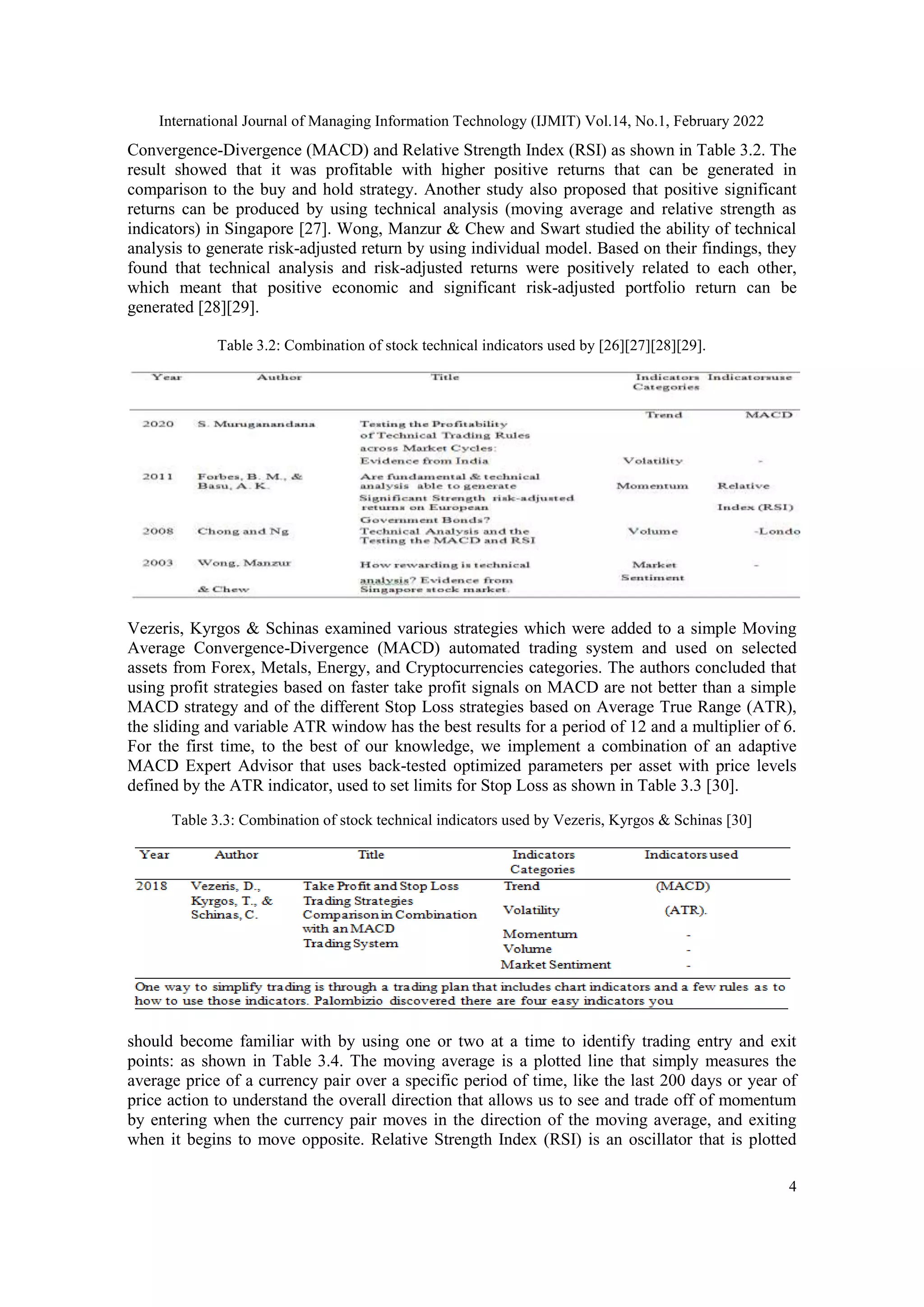 International Journal of Managing Information Technology (IJMIT) Vol.14, No.1, February 2022
4
Convergence-Divergence (MACD) and Relative Strength Index (RSI) as shown in Table 3.2. The
result showed that it was profitable with higher positive returns that can be generated in
comparison to the buy and hold strategy. Another study also proposed that positive significant
returns can be produced by using technical analysis (moving average and relative strength as
indicators) in Singapore [27]. Wong, Manzur & Chew and Swart studied the ability of technical
analysis to generate risk-adjusted return by using individual model. Based on their findings, they
found that technical analysis and risk-adjusted returns were positively related to each other,
which meant that positive economic and significant risk-adjusted portfolio return can be
generated [28][29].
Table 3.2: Combination of stock technical indicators used by [26][27][28][29].
Vezeris, Kyrgos & Schinas examined various strategies which were added to a simple Moving
Average Convergence-Divergence (MACD) automated trading system and used on selected
assets from Forex, Metals, Energy, and Cryptocurrencies categories. The authors concluded that
using profit strategies based on faster take profit signals on MACD are not better than a simple
MACD strategy and of the different Stop Loss strategies based on Average True Range (ATR),
the sliding and variable ATR window has the best results for a period of 12 and a multiplier of 6.
For the first time, to the best of our knowledge, we implement a combination of an adaptive
MACD Expert Advisor that uses back-tested optimized parameters per asset with price levels
defined by the ATR indicator, used to set limits for Stop Loss as shown in Table 3.3 [30].
Table 3.3: Combination of stock technical indicators used by Vezeris, Kyrgos & Schinas [30]
should become familiar with by using one or two at a time to identify trading entry and exit
points: as shown in Table 3.4. The moving average is a plotted line that simply measures the
average price of a currency pair over a specific period of time, like the last 200 days or year of
price action to understand the overall direction that allows us to see and trade off of momentum
by entering when the currency pair moves in the direction of the moving average, and exiting
when it begins to move opposite. Relative Strength Index (RSI) is an oscillator that is plotted
 