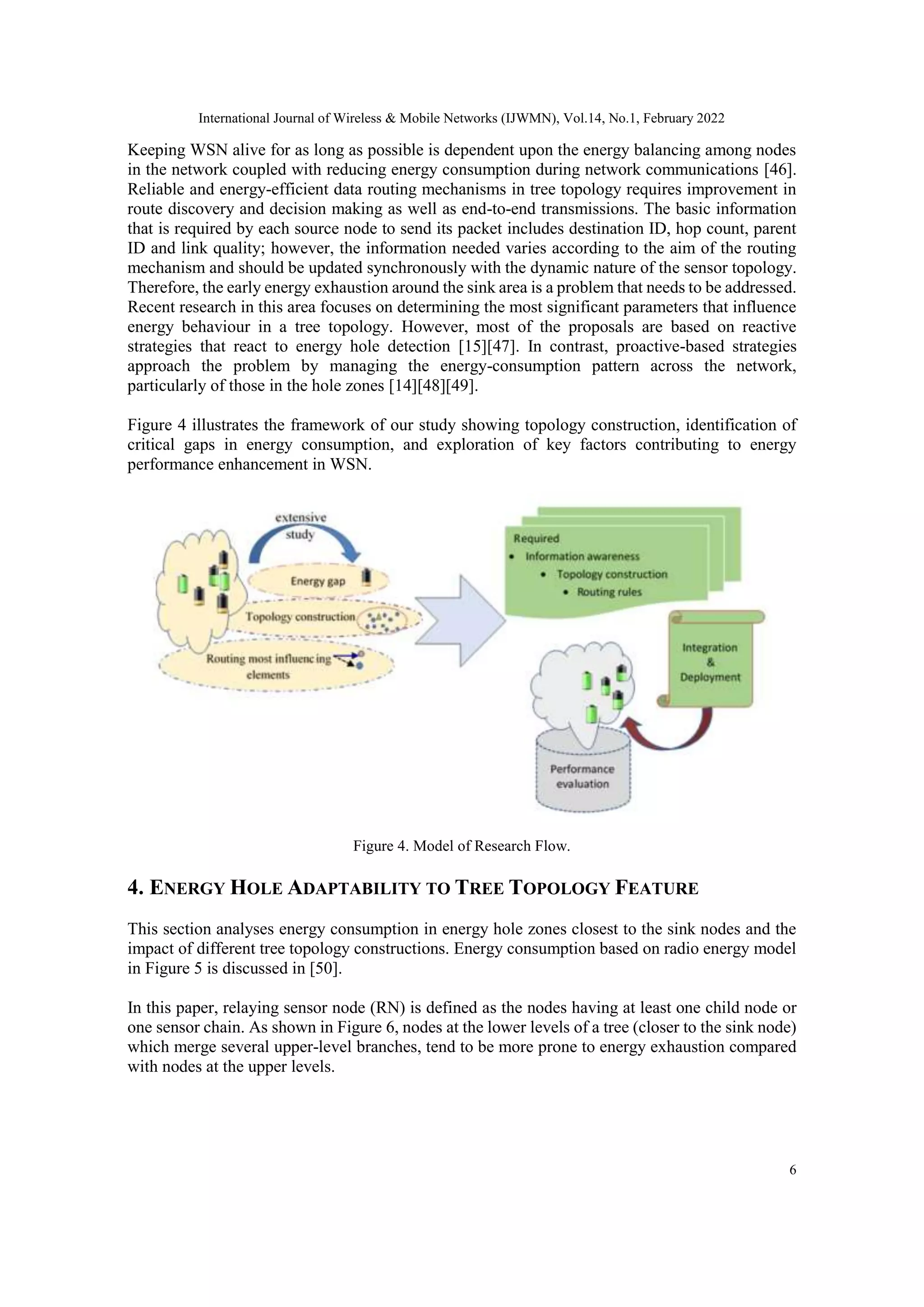 International Journal of Wireless & Mobile Networks (IJWMN), Vol.14, No.1, February 2022
6
Keeping WSN alive for as long as possible is dependent upon the energy balancing among nodes
in the network coupled with reducing energy consumption during network communications [46].
Reliable and energy-efficient data routing mechanisms in tree topology requires improvement in
route discovery and decision making as well as end-to-end transmissions. The basic information
that is required by each source node to send its packet includes destination ID, hop count, parent
ID and link quality; however, the information needed varies according to the aim of the routing
mechanism and should be updated synchronously with the dynamic nature of the sensor topology.
Therefore, the early energy exhaustion around the sink area is a problem that needs to be addressed.
Recent research in this area focuses on determining the most significant parameters that influence
energy behaviour in a tree topology. However, most of the proposals are based on reactive
strategies that react to energy hole detection [15][47]. In contrast, proactive-based strategies
approach the problem by managing the energy-consumption pattern across the network,
particularly of those in the hole zones [14][48][49].
Figure 4 illustrates the framework of our study showing topology construction, identification of
critical gaps in energy consumption, and exploration of key factors contributing to energy
performance enhancement in WSN.
Figure 4. Model of Research Flow.
4. ENERGY HOLE ADAPTABILITY TO TREE TOPOLOGY FEATURE
This section analyses energy consumption in energy hole zones closest to the sink nodes and the
impact of different tree topology constructions. Energy consumption based on radio energy model
in Figure 5 is discussed in [50].
In this paper, relaying sensor node (RN) is defined as the nodes having at least one child node or
one sensor chain. As shown in Figure 6, nodes at the lower levels of a tree (closer to the sink node)
which merge several upper-level branches, tend to be more prone to energy exhaustion compared
with nodes at the upper levels.
 