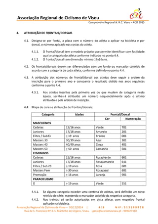 Associação	
  Regional	
  de	
  Ciclismo	
  de	
  Viseu	
  	
  	
  	
  	
  	
  	
  	
  	
  	
  	
  	
  	
  	
  	
  	
  	
  	
  	
  	
  	
  	
  	
  	
  	
  	
  	
   	
  
	
   	
   	
   	
   	
   	
   Campeonato	
  Regional	
  A.	
  R.C.	
  Viseu	
  –	
  XCO	
  2015	
  
	
  
Associação	
  Regional	
  de	
  Ciclismo	
  de	
  Viseu	
  –	
  	
  30/12/2014	
  	
  	
  	
  	
  |	
  	
   	
   	
   	
   	
   	
   	
   4 / 8 	
   	
   	
   	
   	
   	
   	
   N I F : 	
  5 1 3 1 8 8 8 7 8 	
  
Rua	
  de	
  S.	
  Francisco	
  Nº	
  3,	
  S.	
  Martinho	
  de	
  Orgens,	
  Viseu.	
  	
  -­‐	
  geral@aciclismoviseu.pt	
  -­‐	
  969027310	
  
4. ATRIBUIÇÃO	
  DE	
  FRONTAIS/DORSAIS	
  
4.1. Designa-­‐se	
   por	
   fontal,	
   a	
   placa	
   com	
   o	
   número	
   do	
   atleta	
   a	
   aplicar	
   na	
   bicicleta	
   e	
   por	
  
dorsal,	
  o	
  número	
  aplicado	
  nas	
  costas	
  do	
  atleta.	
  	
  
4.1.1. O	
  frontal/dorsal	
  tem	
  o	
  modelo	
  próprio	
  que	
  permite	
  identificar	
  com	
  facilidade	
  
qual	
  a	
  categoria	
  do	
  atleta	
  conforme	
  indicado	
  no	
  ponto	
  4.4.	
  
4.1.2. O	
  frontal/dorsal	
  tem	
  dimensão	
  mínima	
  16x16cms.	
  
4.2. Os	
  frontais/dorsais	
  devem	
  ser	
  diferenciados	
  com	
  um	
  fundo	
  ou	
  marcador	
  colorido	
  de	
  
acordo	
  com	
  a	
  categoria	
  de	
  cada	
  atleta,	
  conforme	
  definido	
  no	
  ponto	
  4.4.	
  	
  
4.3. A	
   atribuição	
   dos	
   números	
   de	
   frontal/dorsal	
   aos	
   atletas	
   deve	
   seguir	
   a	
   ordem	
   da	
  
inscrição	
   para	
   o	
   primeiro	
   ano	
   e	
   consoante	
   o	
   resultado	
   obtido	
   nos	
   anos	
   seguintes	
  
conforme	
  o	
  ponto	
  4.4.	
  
4.3.1. Aos	
   atletas	
   inscritos	
   pela	
   primeira	
   vez	
   ou	
   que	
   mudem	
   de	
   categoria	
   nesta	
  
época,	
   ser-­‐lhes-­‐á	
   atribuído	
   um	
   número	
   sequencialmente	
   após	
   o	
   último	
  
atribuído	
  e	
  pela	
  ordem	
  de	
  inscrição.	
  
4.4. Mapa	
  de	
  cores	
  e	
  atribuição	
  de	
  frontais/dorsais:	
  	
  
Categoria	
   Idades	
   Frontal/Dorsal	
  
	
   	
   Cor	
   Numeração	
  
MASCULINOS	
  
Cadetes	
  	
   15/16	
  anos	
  	
   Verde	
   701	
  
Juniores	
  	
   17/18	
  anos	
  	
   Amarelo	
   201	
  
Elites	
  /	
  Sub23	
  	
   >	
  19	
  	
  anos	
  	
   Branco	
   001	
  
Masters	
  30	
  	
   30/39	
  anos	
  	
   Azul	
   301	
  
Masters	
  40	
  	
   40/49	
  anos	
  	
   Cinza	
   401	
  
Masters	
  50	
  	
   >	
  50	
  	
  anos	
   Castanho	
   501	
  
FEMININOS	
  	
  
Cadetes	
  	
   15/16	
  anos	
  	
   Rosa/verde	
   661	
  
Juniores	
  	
   17/18	
  anos	
  	
   Rosa/amarelo	
   641	
  
Elites	
  /	
  Sub	
  23	
  	
   >	
  19	
  anos	
  	
   Rosa	
   601	
  
Masters	
  Fem	
  	
  	
   >	
  30	
  anos	
  	
   Rosa/azul	
   681	
  
Promoção	
  	
   >	
  16	
  anos	
  	
   Laranja	
   901	
  
PARACICLISMO	
   	
   	
   	
  
D	
   >	
  19	
  anos	
   Verde	
   551	
  
	
  
4.4.1. Se	
  alguma	
  categoria	
  exceder	
  uma	
  centena	
  de	
  atletas,	
  será	
  definido	
  um	
  novo	
  
reinício	
  de	
  série,	
  mantendo	
  o	
  marcador	
  colorido	
  da	
  respetiva	
  categoria.	
  	
  
4.4.2. Nos	
   treinos,	
   só	
   serão	
   autorizados	
   em	
   pista	
   atletas	
   com	
   respetivo	
   frontal	
  
aplicado	
  na	
  bicicleta.	
  
 