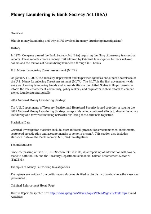 Money Laundering Bank Secrecy Act Bsa