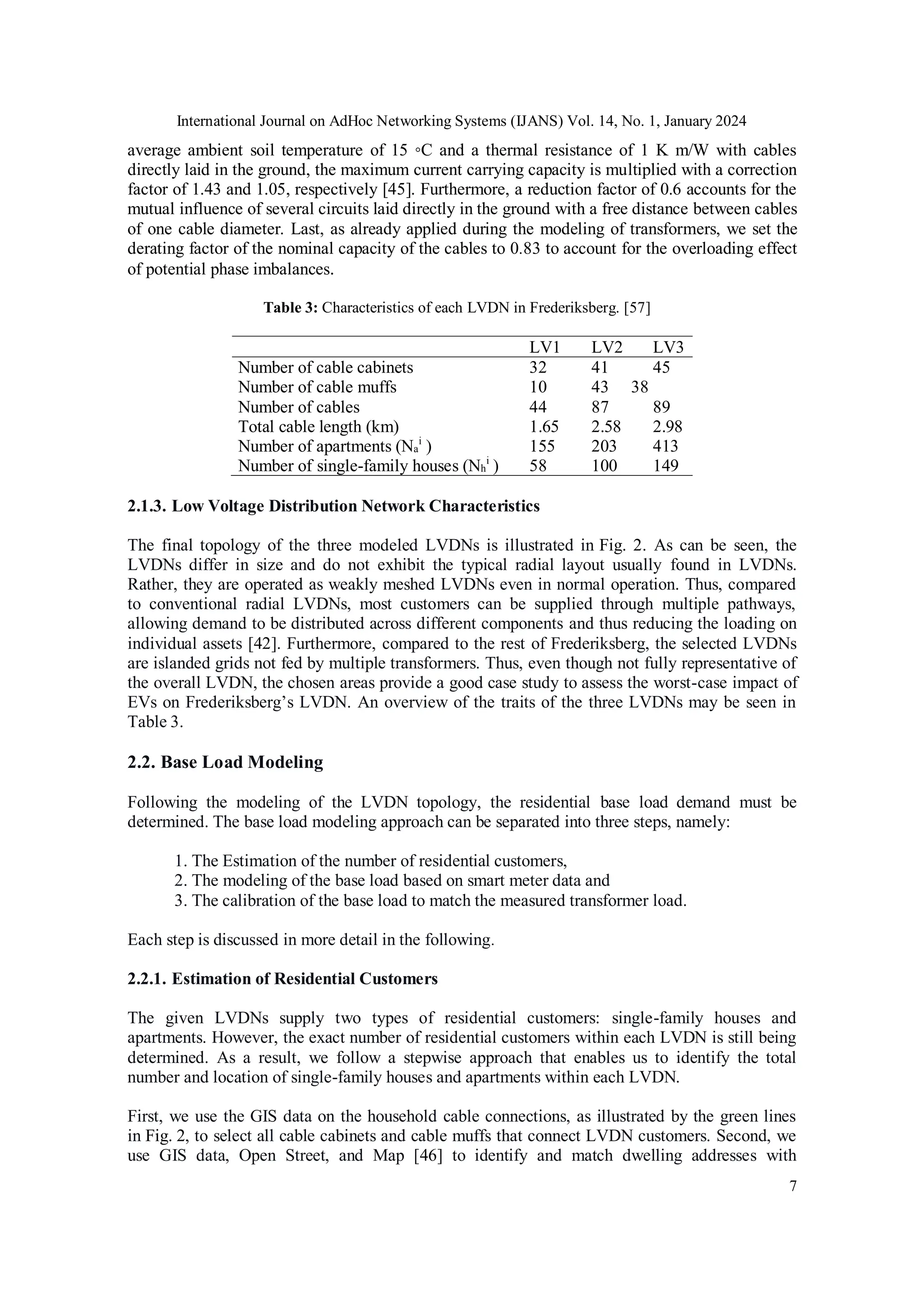 International Journal on AdHoc Networking Systems (IJANS) Vol. 14, No. 1, January 2024
7
average ambient soil temperature of 15 ◦C and a thermal resistance of 1 K m/W with cables
directly laid in the ground, the maximum current carrying capacity is multiplied with a correction
factor of 1.43 and 1.05, respectively [45]. Furthermore, a reduction factor of 0.6 accounts for the
mutual influence of several circuits laid directly in the ground with a free distance between cables
of one cable diameter. Last, as already applied during the modeling of transformers, we set the
derating factor of the nominal capacity of the cables to 0.83 to account for the overloading effect
of potential phase imbalances.
Table 3: Characteristics of each LVDN in Frederiksberg. [57]
LV1 LV2 LV3
Number of cable cabinets 32 41 45
Number of cable muffs 10 43 38
Number of cables 44 87 89
Total cable length (km) 1.65 2.58 2.98
Number of apartments (Na
i
) 155 203 413
Number of single-family houses (Nh
i
) 58 100 149
2.1.3. Low Voltage Distribution Network Characteristics
The final topology of the three modeled LVDNs is illustrated in Fig. 2. As can be seen, the
LVDNs differ in size and do not exhibit the typical radial layout usually found in LVDNs.
Rather, they are operated as weakly meshed LVDNs even in normal operation. Thus, compared
to conventional radial LVDNs, most customers can be supplied through multiple pathways,
allowing demand to be distributed across different components and thus reducing the loading on
individual assets [42]. Furthermore, compared to the rest of Frederiksberg, the selected LVDNs
are islanded grids not fed by multiple transformers. Thus, even though not fully representative of
the overall LVDN, the chosen areas provide a good case study to assess the worst-case impact of
EVs on Frederiksberg’s LVDN. An overview of the traits of the three LVDNs may be seen in
Table 3.
2.2. Base Load Modeling
Following the modeling of the LVDN topology, the residential base load demand must be
determined. The base load modeling approach can be separated into three steps, namely:
1. The Estimation of the number of residential customers,
2. The modeling of the base load based on smart meter data and
3. The calibration of the base load to match the measured transformer load.
Each step is discussed in more detail in the following.
2.2.1. Estimation of Residential Customers
The given LVDNs supply two types of residential customers: single-family houses and
apartments. However, the exact number of residential customers within each LVDN is still being
determined. As a result, we follow a stepwise approach that enables us to identify the total
number and location of single-family houses and apartments within each LVDN.
First, we use the GIS data on the household cable connections, as illustrated by the green lines
in Fig. 2, to select all cable cabinets and cable muffs that connect LVDN customers. Second, we
use GIS data, Open Street, and Map [46] to identify and match dwelling addresses with
 