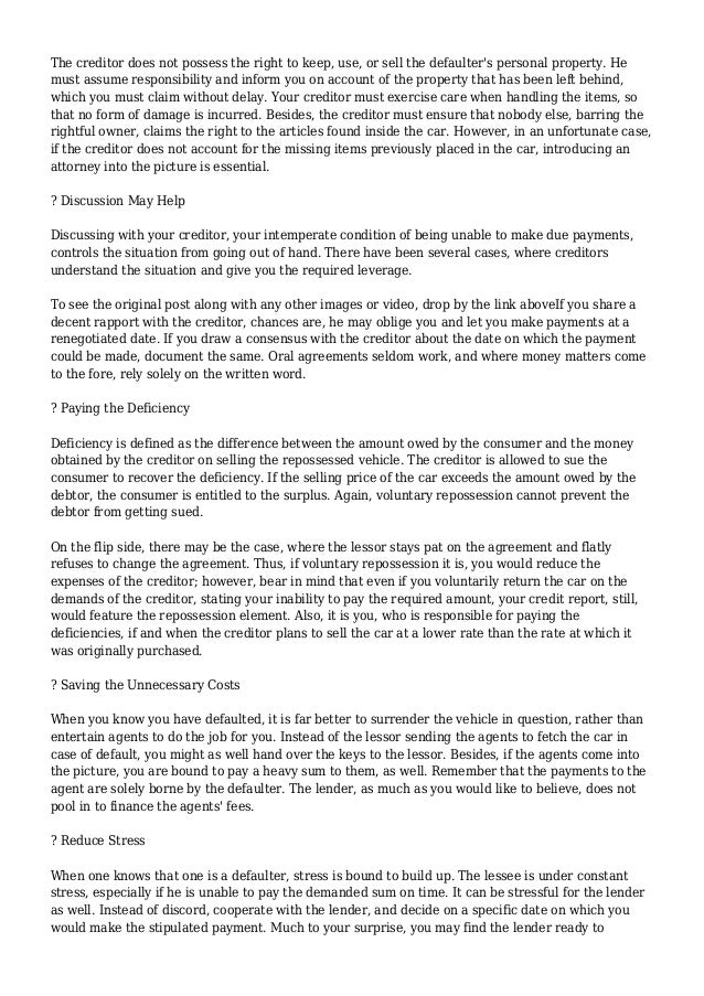 voluntary vehicle repossession letter to creditors unable to pay
