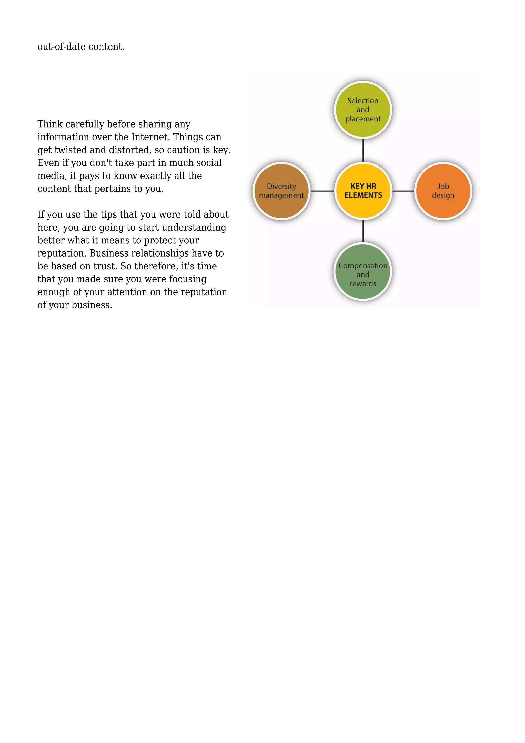 out-of-date content.
Think carefully before sharing any
information over the Internet. Things can
get twisted and distorted, so caution is key.
Even if you don't take part in much social
media, it pays to know exactly all the
content that pertains to you.
If you use the tips that you were told about
here, you are going to start understanding
better what it means to protect your
reputation. Business relationships have to
be based on trust. So therefore, it's time
that you made sure you were focusing
enough of your attention on the reputation
of your business.
 