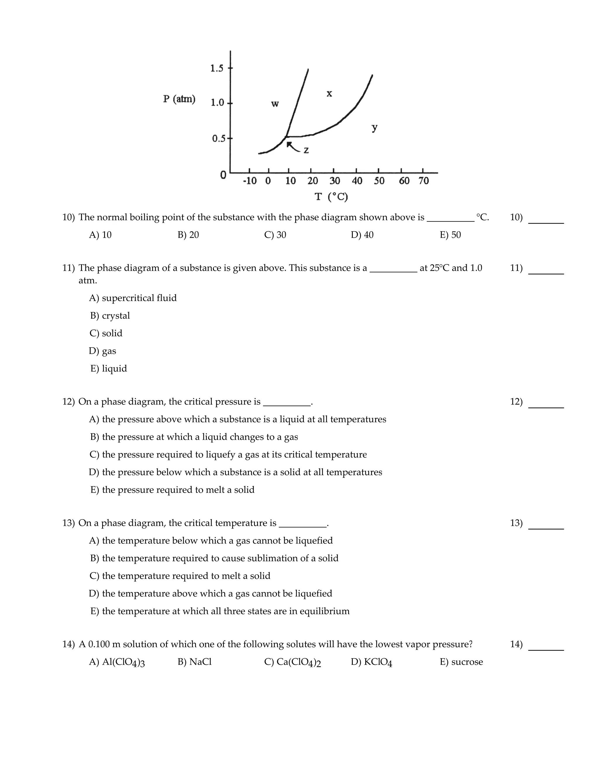 10) The normal boiling point of the substance with the phase diagram shown above is __________ °C.    10)
      A) 10                    B) 20             C) 30                  D) 40            E) 50


11) The phase diagram of a substance is given above. This substance is a __________ at 25°C and 1.0   11)
    atm.
      A) supercritical fluid
      B) crystal
      C) solid
      D) gas
      E) liquid


12) On a phase diagram, the critical pressure is __________.                                          12)
      A) the pressure above which a substance is a liquid at all temperatures
      B) the pressure at which a liquid changes to a gas
      C) the pressure required to liquefy a gas at its critical temperature
      D) the pressure below which a substance is a solid at all temperatures
      E) the pressure required to melt a solid


13) On a phase diagram, the critical temperature is __________.                                       13)
      A) the temperature below which a gas cannot be liquefied
      B) the temperature required to cause sublimation of a solid
      C) the temperature required to melt a solid
      D) the temperature above which a gas cannot be liquefied
      E) the temperature at which all three states are in equilibrium


14) A 0.100 m solution of which one of the following solutes will have the lowest vapor pressure?     14)
      A) Al(ClO4 )3            B) NaCl           C) Ca(ClO4 )2          D) KClO4         E) sucrose
 