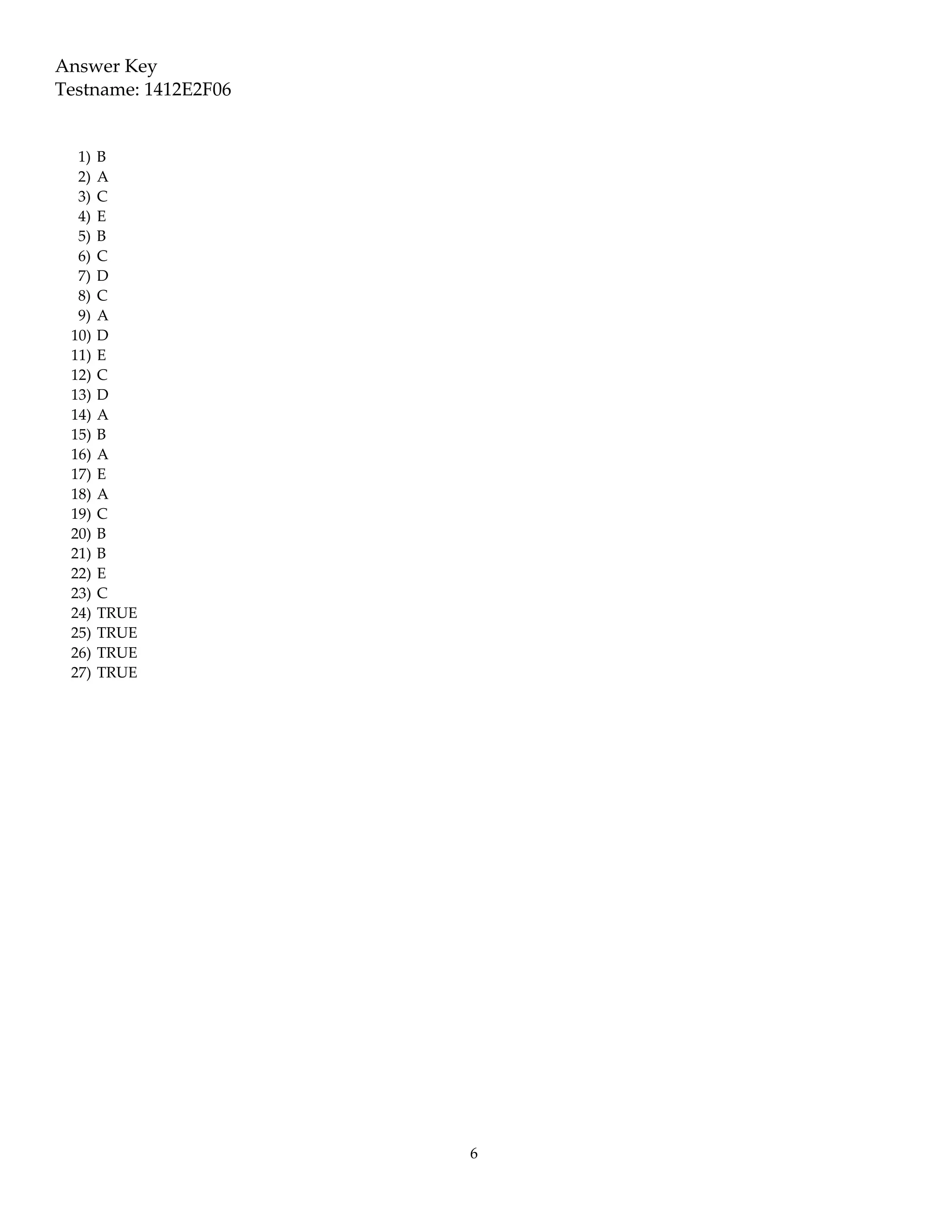 Answer Key
Testname: 1412E2F06


  1)   B
  2)   A
  3)   C
  4)   E
  5)   B
  6)   C
  7)   D
  8)   C
  9)   A
 10)   D
 11)   E
 12)   C
 13)   D
 14)   A
 15)   B
 16)   A
 17)   E
 18)   A
 19)   C
 20)   B
 21)   B
 22)   E
 23)   C
 24)   TRUE
 25)   TRUE
 26)   TRUE
 27)   TRUE




                      6
 
