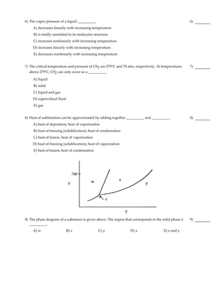 6) The vapor pressure of a liquid __________.                                                           6)
     A) decreases linearly with increasing temperature
     B) is totally unrelated to its molecular structure
     C) increases nonlinearly with increasing temperature
     D) increases linearly with increasing temperature
     E) decreases nonlinearly with increasing temperature


7) The critical temperature and pressure of CS2 are 279°C and 78 atm, respectively. At temperatures     7)
  above 279°C, CS2 can only occur as a __________.

     A) liquid
     B) solid
     C) liquid and gas
     D) supercritical fluid
     E) gas


8) Heat of sublimation can be approximated by adding together __________ and __________.                8)
     A) heat of deposition, heat of vaporization
     B) heat of freezing (solidification), heat of condensation
     C) heat of fusion, heat of vaporization
     D) heat of freezing (solidification), heat of vaporization
     E) heat of fusion, heat of condensation




9) The phase diagram of a substance is given above. The region that corresponds to the solid phase is   9)
   __________.
     A) w                     B) x              C) y               D) z                 E) x and y
 