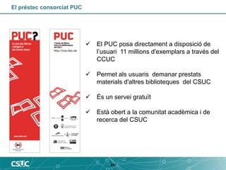El préstec consorciat PUC 
 El PUC posa directament a disposició de 
l’usuari 11 millions d'exemplars a través del 
CCUC 
 Permet als usuaris demanar prestats 
materials d'altres biblioteques del CSUC 
 És un servei gratuït 
 Està obert a la comunitat acadèmica i de 
recerca del CSUC 
24/ 
 