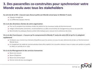 10© P-Val
Au sein de de la DSI : s’assurer que chacun quitte son Monde actuel pour le Monde IT voulu
L’équipe managériale
Les différentes équipes internes
Vis à vis des directions clientes de votre organisation
Pour qu’ils acceptent les nouveaux modes de relations et les nouveaux modes de fonctionnement
Intégrer d’éventuelles contraintes, recommandations ou idées structurantes du management au-dessus de votre DSI
Benchmarker les pratiques d’autres entités informatiques pour s’assurer de la cohérence des choix
Vis à vis des Fournisseurs : s’assurer qu’ils comprennent le Monde IT voulu de votre DSI et qu’ils s’y adaptent
rapidement
Ils doivent vous montrer leur domaine d’excellence pour les secteurs où vous les avez sélectionnés et dans un fonctionnement
Monde Voulu
Le changement de mode de contractualisation devra être rapide et les nouvelles relations mises en place sans perdre en qualité,
en délai, en contrôle et en coûts
Vis-à-vis du Management et des services transverses
Besoin de mesurer
Besoin d’expliciter
Besoin de communiquer
Donner envie de vous accompagner
3. Des passerelles co-construites pour synchroniser votre
Monde voulu avec tous les stakeholders
 